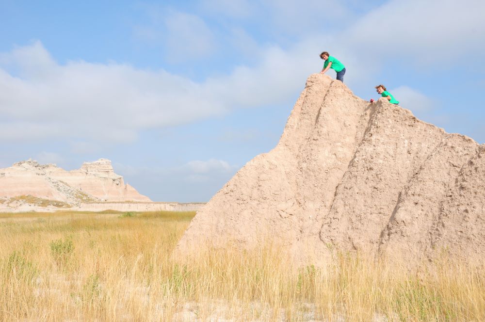 view of two individuals standing on a rock surrounded by sand and greenery
