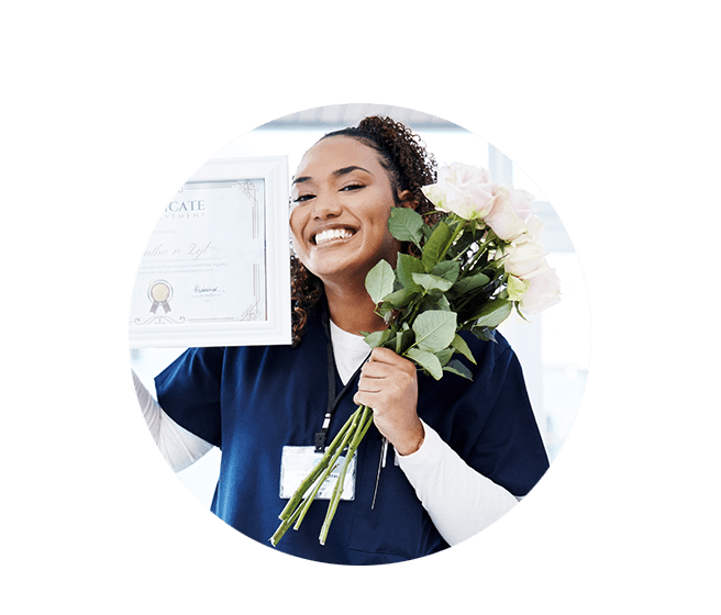 smiling nurse with flowers and award