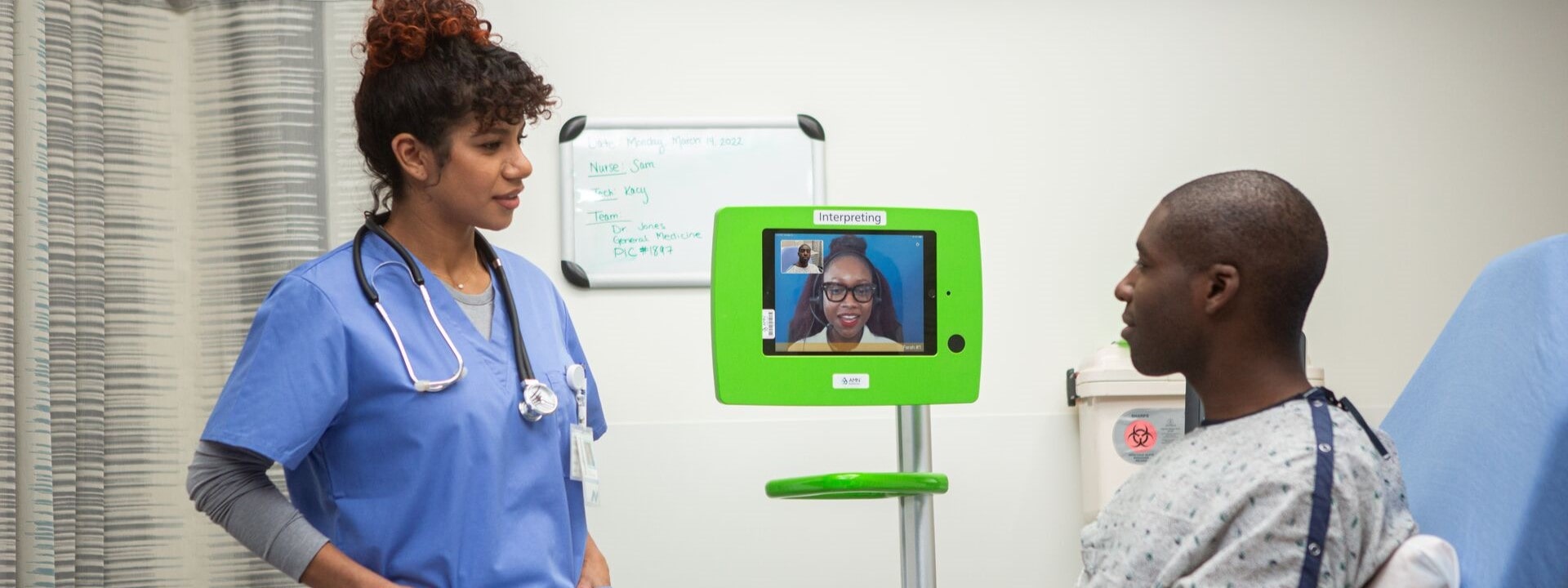 Clinician with LEP patient and an interpreter on a video monitor