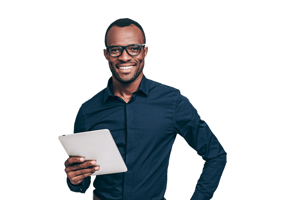 male business professional holding tablet computer