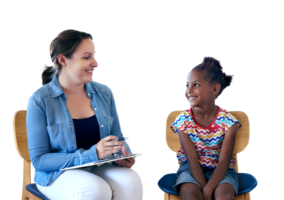 Female behavioral health specialist speaking to female child
