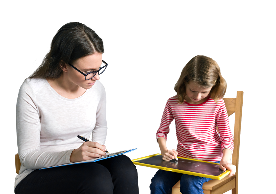 Female school therapist working female child