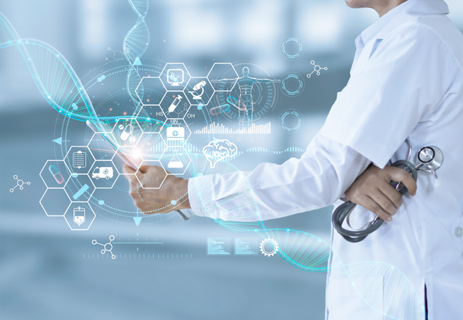 Physician holding tablet computer with digital overlay